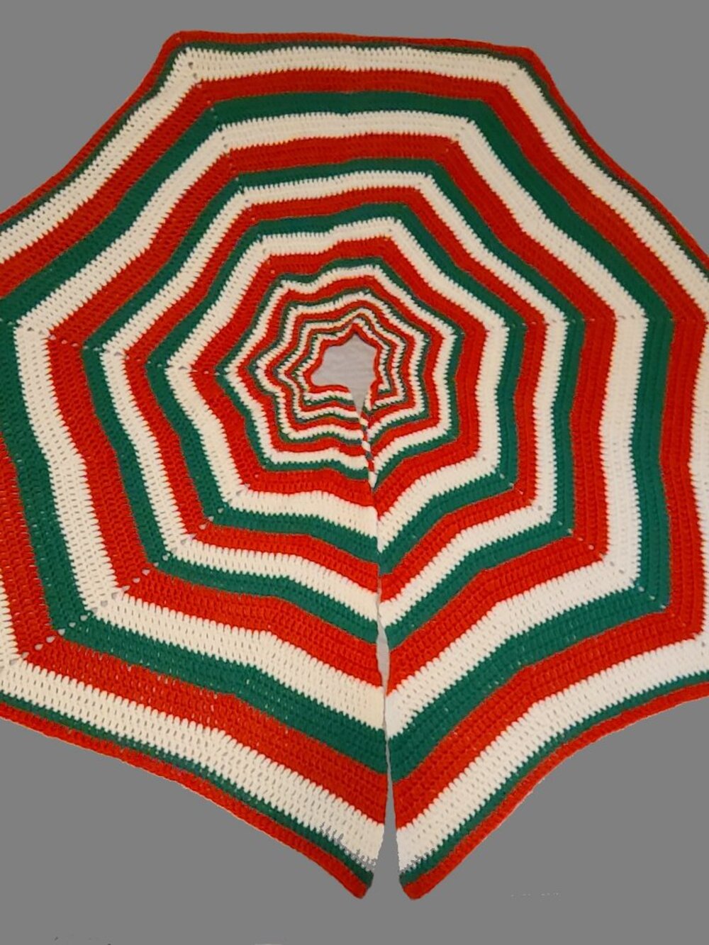 Crochet Handmade Red Green White Hexagon Afghan Christmas Tree Skirt